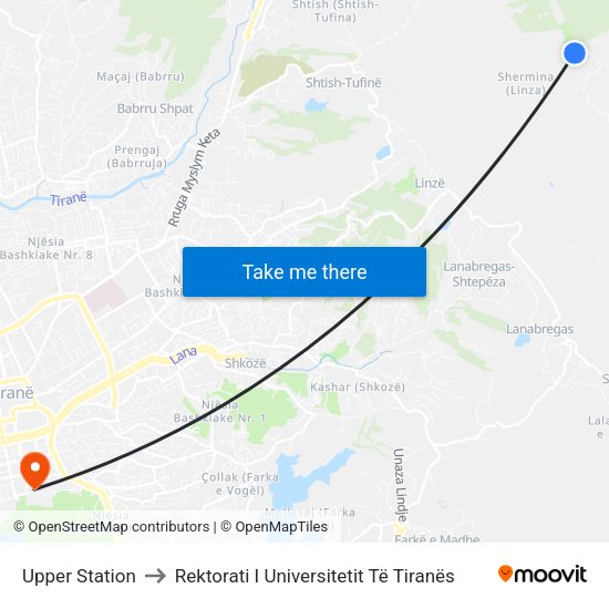 Upper Station to Rektorati I Universitetit Të Tiranës map
