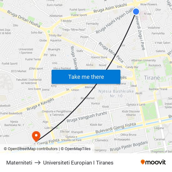 Materniteti to Universiteti Europian I Tiranes map