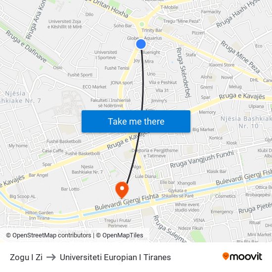 Zogu I Zi to Universiteti Europian I Tiranes map