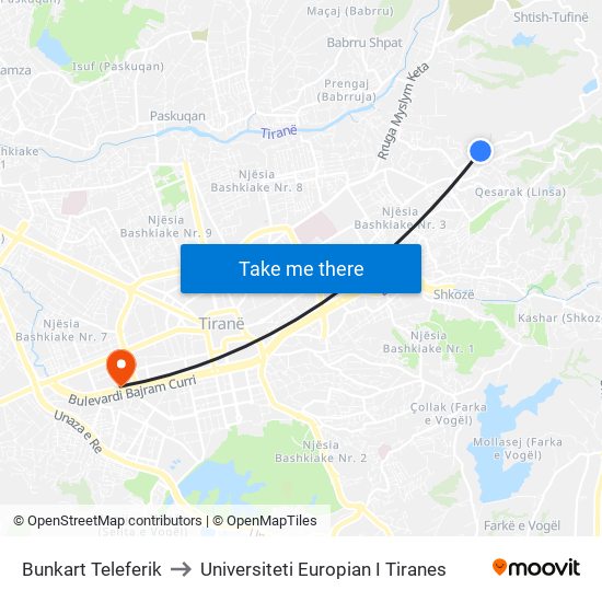 Bunkart Teleferik to Universiteti Europian I Tiranes map