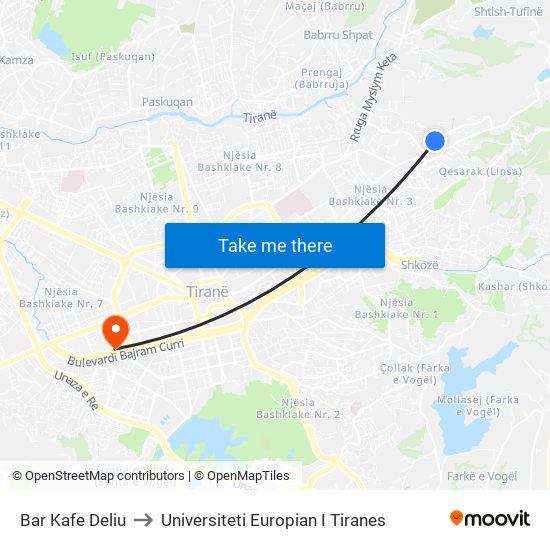 Bar Kafe Deliu to Universiteti Europian I Tiranes map