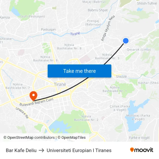 Bar Kafe Deliu to Universiteti Europian I Tiranes map