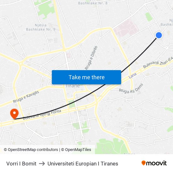 Vorri I Bomit to Universiteti Europian I Tiranes map