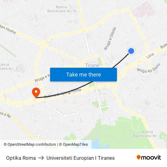 Optika Roma to Universiteti Europian I Tiranes map