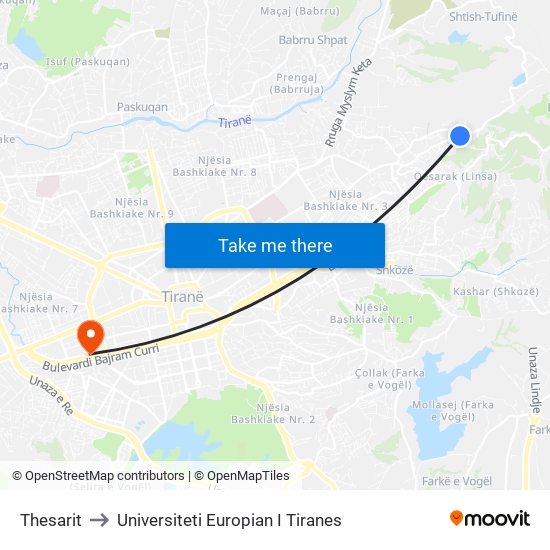 Thesarit to Universiteti Europian I Tiranes map