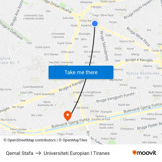 Qemal Stafa to Universiteti Europian I Tiranes map