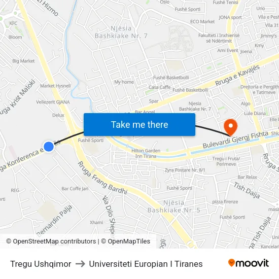 Tregu Ushqimor to Universiteti Europian I Tiranes map
