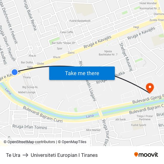 Te Ura to Universiteti Europian I Tiranes map