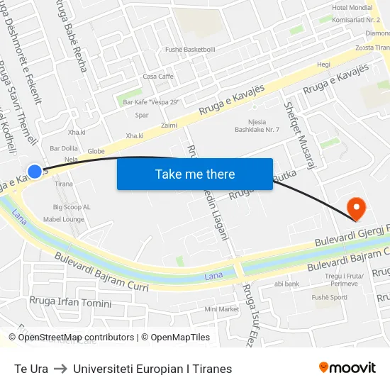 Te Ura to Universiteti Europian I Tiranes map