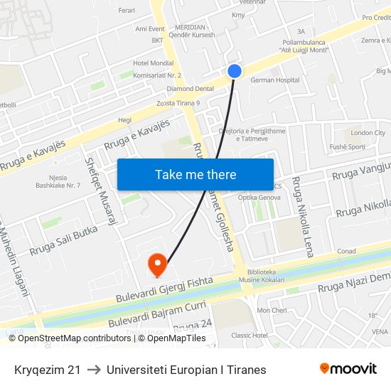 Kryqezim 21 to Universiteti Europian I Tiranes map