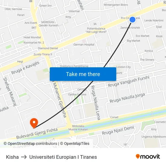 Kisha to Universiteti Europian I Tiranes map
