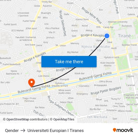 Qender to Universiteti Europian I Tiranes map