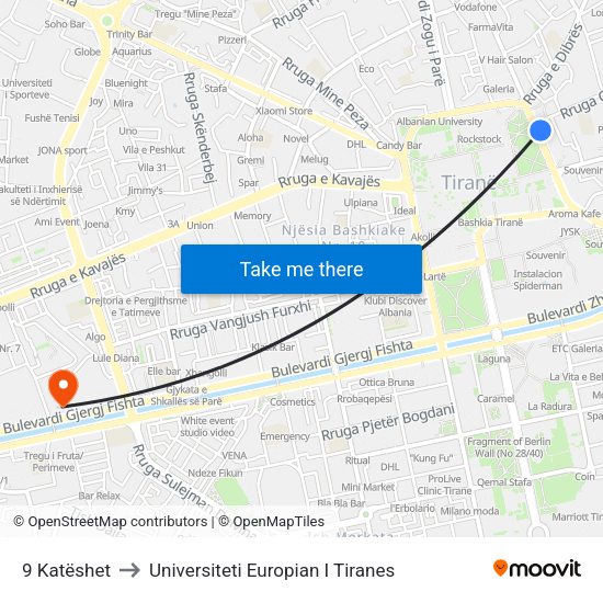 9 Katëshet to Universiteti Europian I Tiranes map