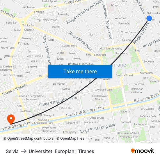 Selvia to Universiteti Europian I Tiranes map