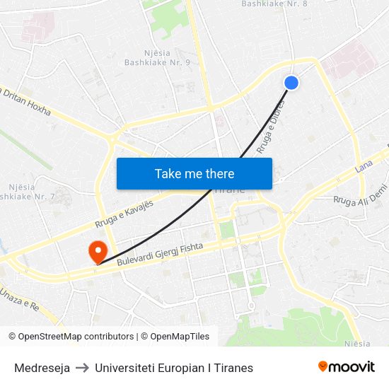 Medreseja to Universiteti Europian I Tiranes map
