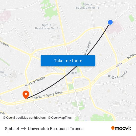 Spitalet to Universiteti Europian I Tiranes map