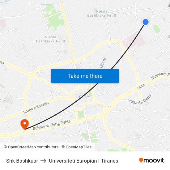 Shk Bashkuar to Universiteti Europian I Tiranes map