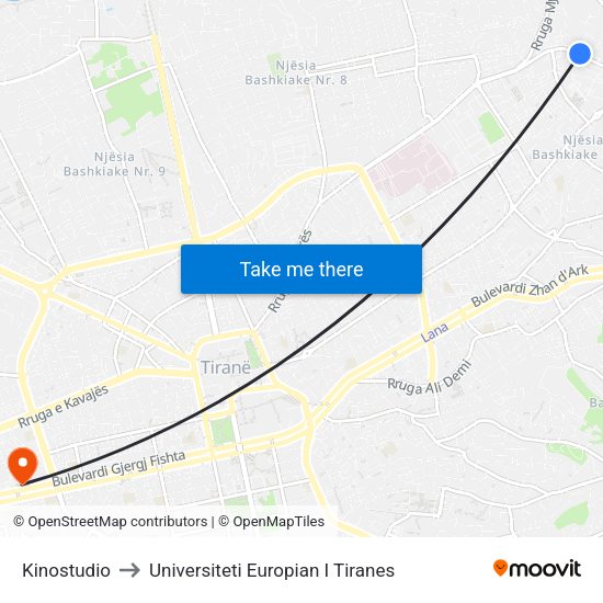 Kinostudio to Universiteti Europian I Tiranes map