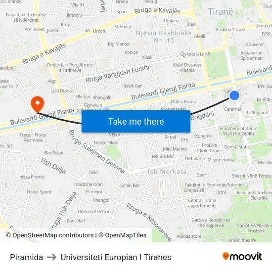 Piramida to Universiteti Europian I Tiranes map