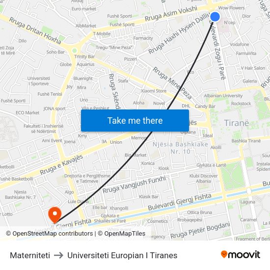 Materniteti to Universiteti Europian I Tiranes map