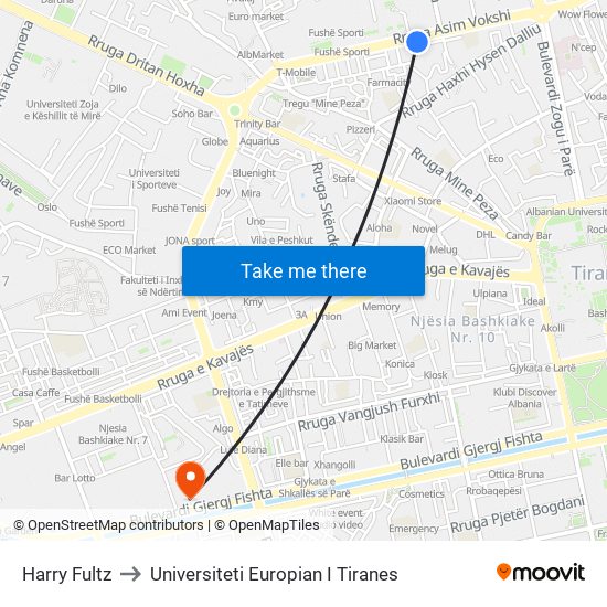 Harry Fultz to Universiteti Europian I Tiranes map
