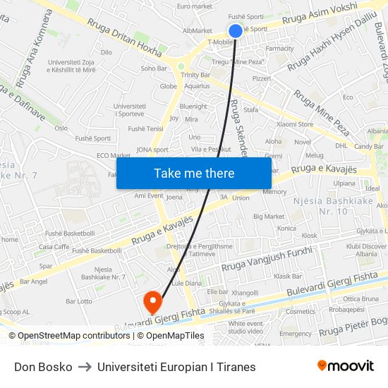 Don Bosko to Universiteti Europian I Tiranes map