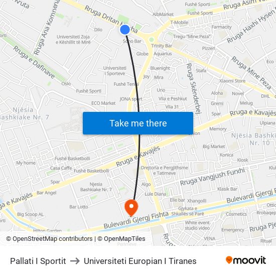 Pallati I Sportit to Universiteti Europian I Tiranes map