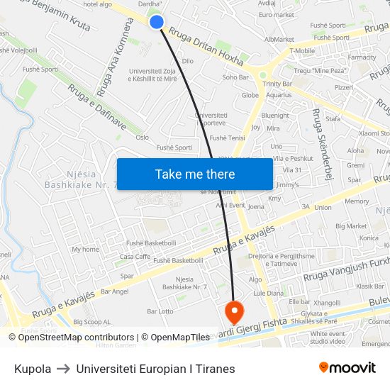 Kupola to Universiteti Europian I Tiranes map