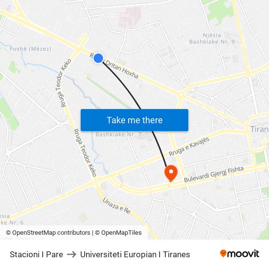 Stacioni I Pare to Universiteti Europian I Tiranes map