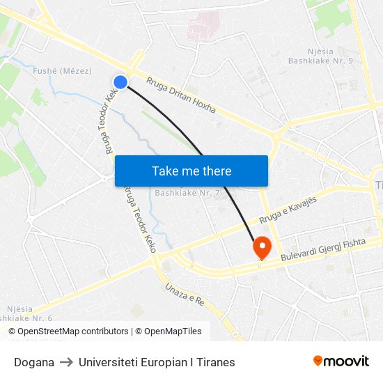 Dogana to Universiteti Europian I Tiranes map