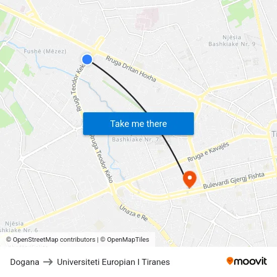 Dogana to Universiteti Europian I Tiranes map
