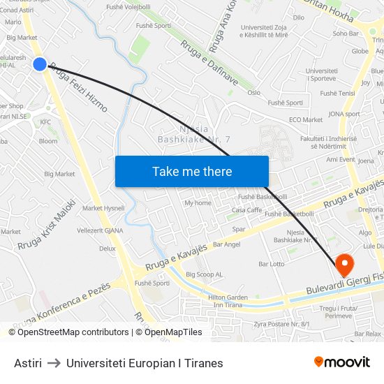 Astiri to Universiteti Europian I Tiranes map