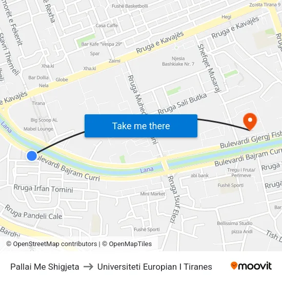Pallai Me Shigjeta to Universiteti Europian I Tiranes map
