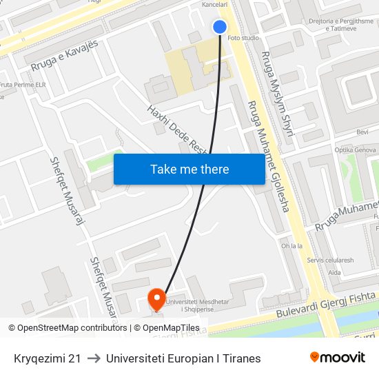 Kryqezimi 21 to Universiteti Europian I Tiranes map