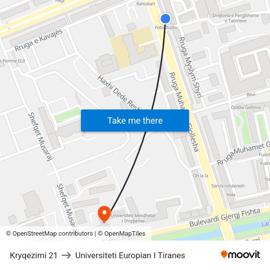Kryqezimi 21 to Universiteti Europian I Tiranes map