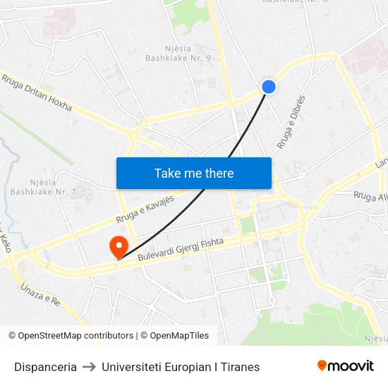 Dispanceria to Universiteti Europian I Tiranes map