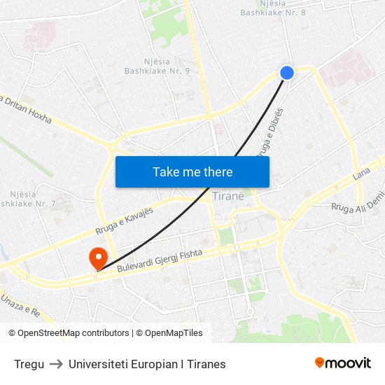 Tregu to Universiteti Europian I Tiranes map