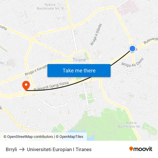 Brryli to Universiteti Europian I Tiranes map