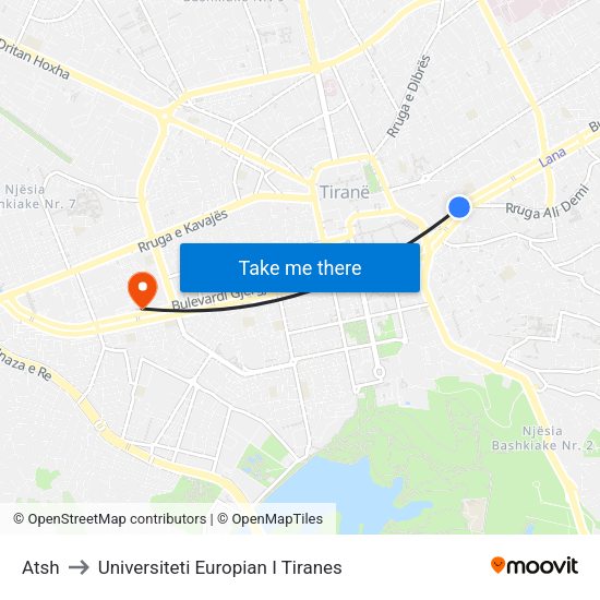 Atsh to Universiteti Europian I Tiranes map
