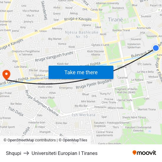 Shqupi to Universiteti Europian I Tiranes map