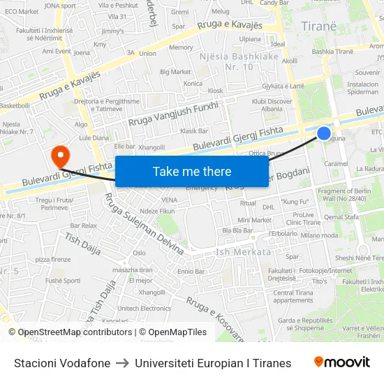 Stacioni Vodafone to Universiteti Europian I Tiranes map