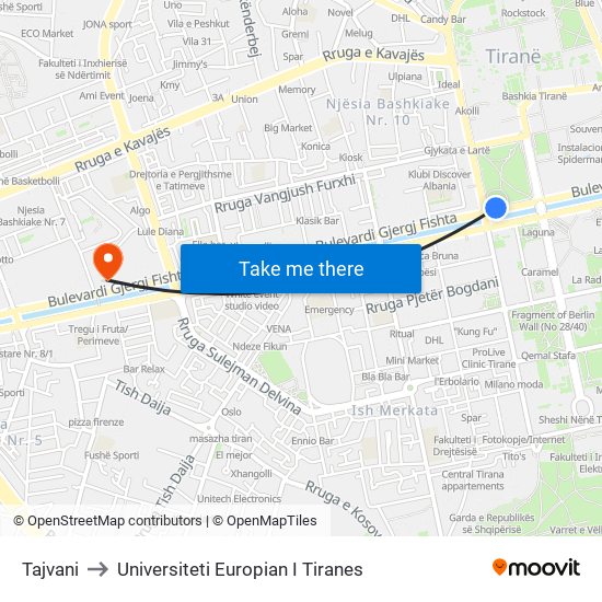 Tajvani to Universiteti Europian I Tiranes map