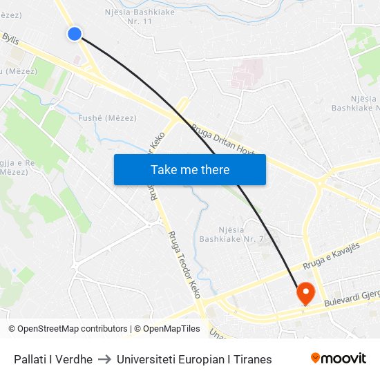 Pallati I Verdhe to Universiteti Europian I Tiranes map