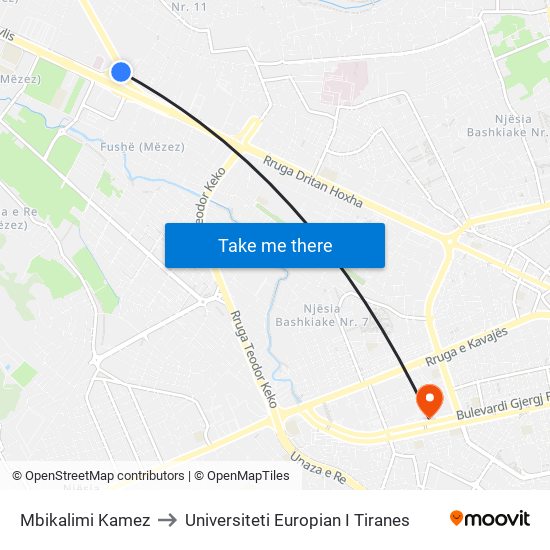 Mbikalimi Kamez to Universiteti Europian I Tiranes map