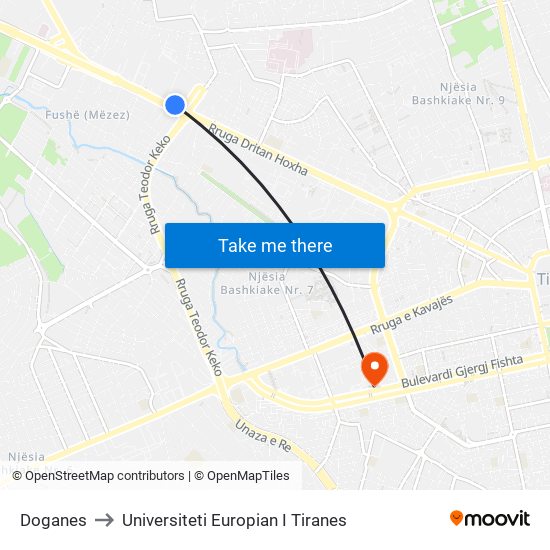 Doganes to Universiteti Europian I Tiranes map