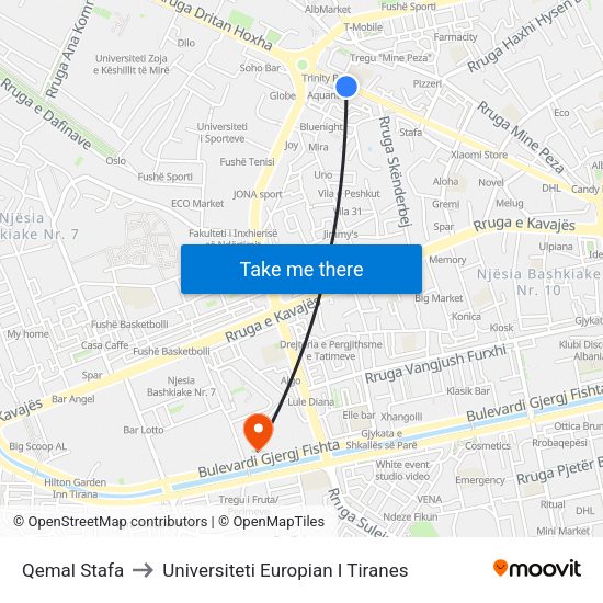 Qemal Stafa to Universiteti Europian I Tiranes map