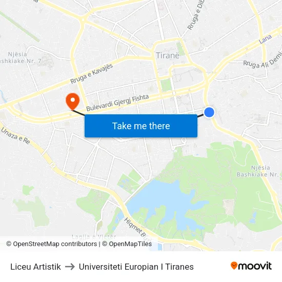 Liceu Artistik to Universiteti Europian I Tiranes map