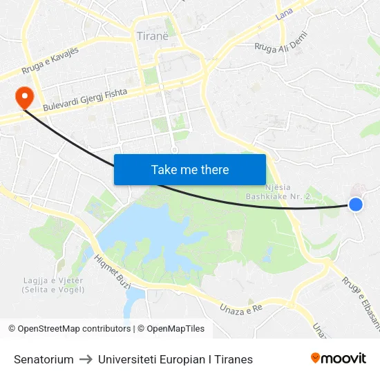 Senatorium to Universiteti Europian I Tiranes map