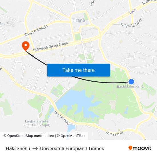 Haki Shehu to Universiteti Europian I Tiranes map