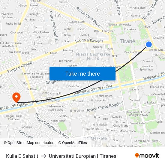 Kulla E Sahatit to Universiteti Europian I Tiranes map